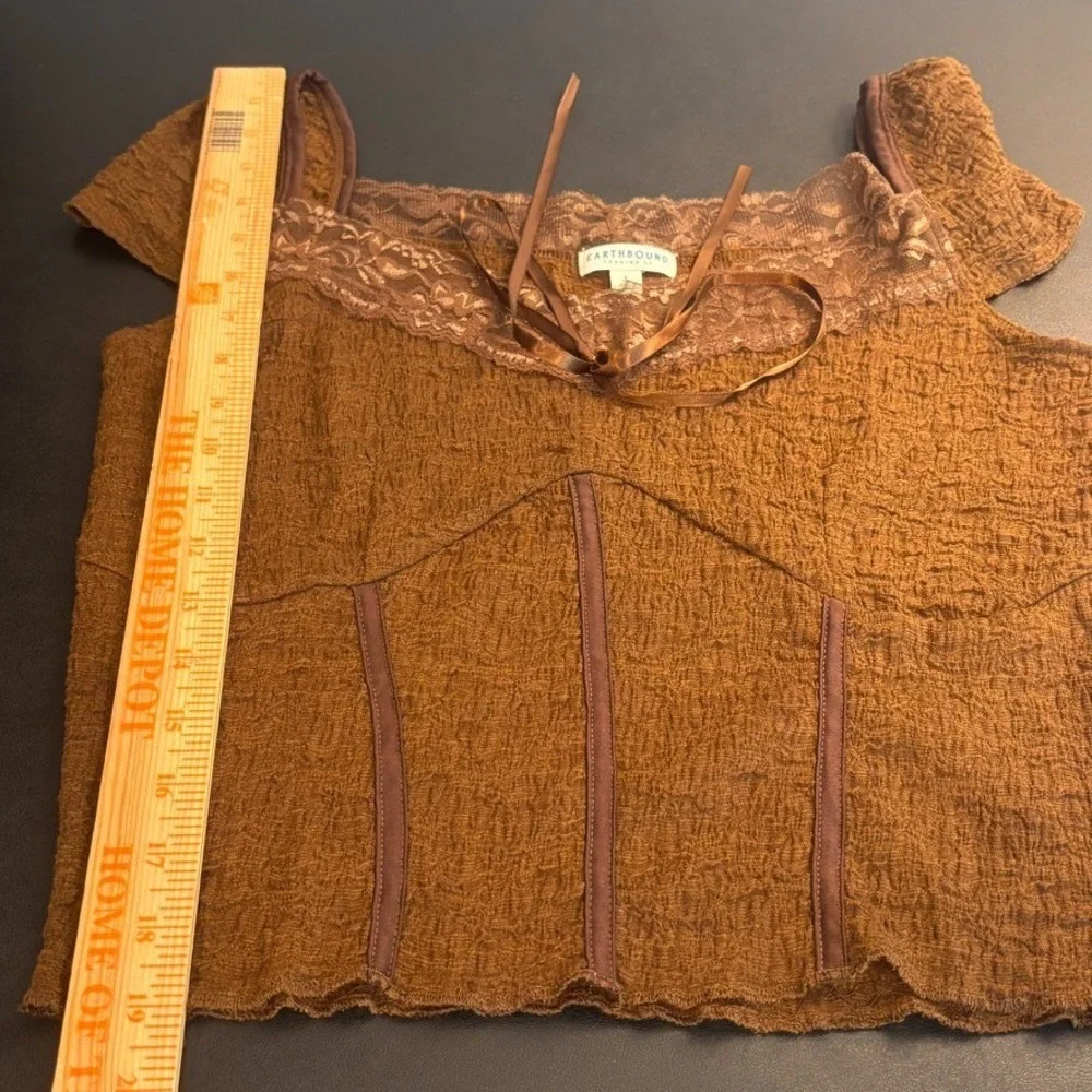 Earthbound Trading Co Women's Y2K Brown Mesh Lace Fairy Coquette Boho Top Large - Picture 8 of 9